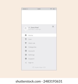 Navigation menu screen with icon avatar and rollover active button. Vector mobile wireframe editable design for mobile, with sample data and real user interface graphic details ready for ux ui.