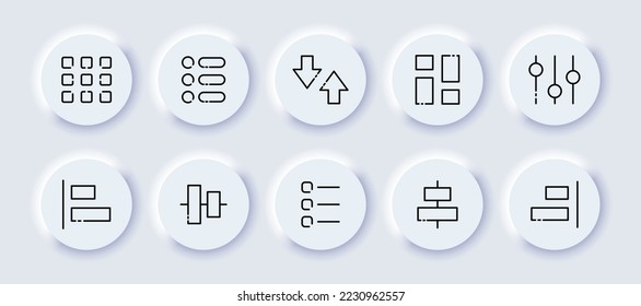 Navigation menu set icon. Buttons, tiles, side bar, settings, arrows, control panel, alignment. Technology concept, adjust, slider. Neomorphism style. Vector line icon for Business and Advertising