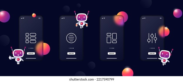 Navigation menu set icon. Main, program, application, tiles, app, order, alignment, buttons, sliders, adjust, settings, control panel. Technology concept. UI phone app screens. Vector line icon