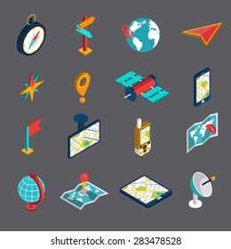 Navigation methods tools accessories and symbol isometric icon set isolated vector illustration