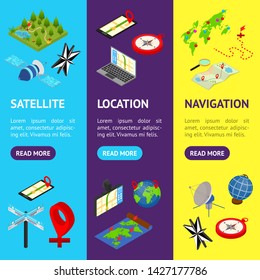 Navigation Methods Tools Signs 3d Banner Vecrtical Set Isometric View Include of Map and Compass. Vector illustration of Icon