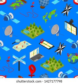 Navigation Methods Tools Signs 3d Seamless Pattern Background Isometric View Include of Map and Compass. Vector illustration of Icon