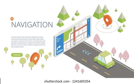 Navigation mobile app concept web page template. isometric view flat design style vector graphic illustration.