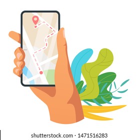 Navigation mobile app vector illustration. Hand holding cell phone with navigation system. Urban map and route on smartphone screen. GPS, geolocation technology, city travel assistant application