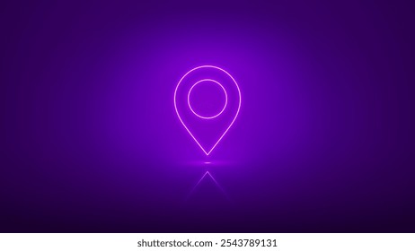 Sinal de néon de navegação. Ícone de marcador de néon brilhante. Localização GPS pin em fundo roxo. Ilustração vetorial