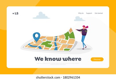 Navigation, Orienteering Traveling Landing Page Template. Tiny Female Character Stand at Huge Map with Gps Pin Finding Way in Big City. Satellite Geolocation Positioning. Cartoon Vector Illustration