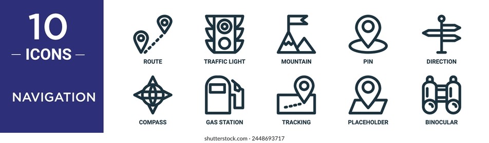 navigation outline icon set includes thin line route, traffic light, mountain, pin, direction, compass, gas station icons for report, presentation, diagram, web design