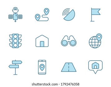 navigation outline vector icons in 2 colors isolated on white. map and navigation icon set in two blue colors for web and ui design, mobile apps and print products