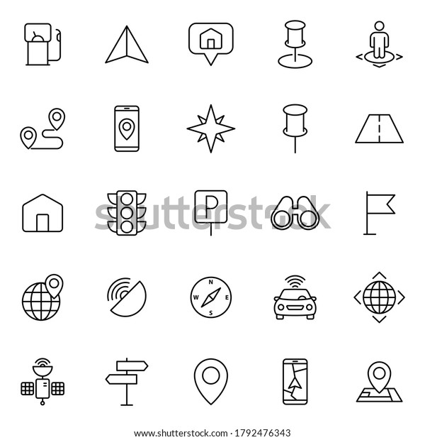 navigation outline vector icons isolated on\
white. map and navigation icon set for web and ui design, mobile\
apps and print\
products