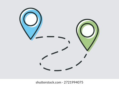 A navigation path color between two location markers, travel concept symbol icon vector art
