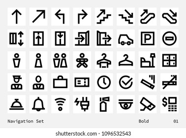 Navigation pictograms collection. Clean contour inforamtive line icons on white square