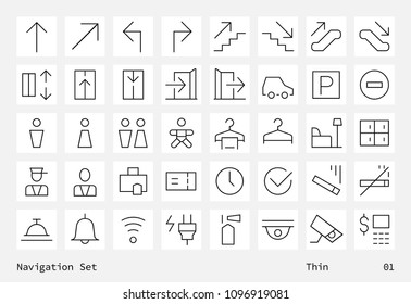 Navigation pictograms collection. Clean contour inforamtive thin icons on white square
