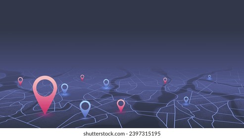 Navigation pin. Abstract lines geometric shapes, cartographic texture. Isometric abstract map background. Transportation and roads. Digital art. Editable vector illustration