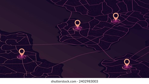 Navigation pin. Abstract lines geometric shapes, cartographic texture. Isometric abstract map background. Transportation and roads. Digital art. Editable vector illustration