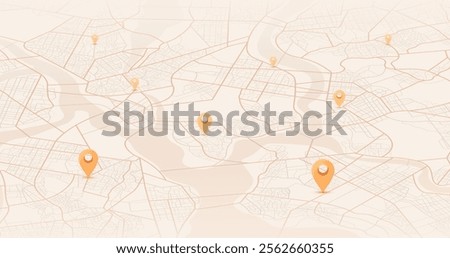 Navigation pin. Abstract lines geometric shapes, cartographic texture. Isometric abstract map background. Transportation and roads. Digital art. Editable vector illustration