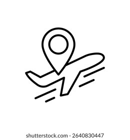 Navigation Pin with Flying Airplane Icon Thin Line Outline Style for Travel and Flight Path