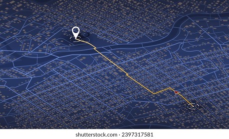 Navigation pin. Isometric abstract map background. Transportation and roads. Digital art. Editable vector illustration. Abstract lines geometric shapes, cartographic texture, creative infographic.