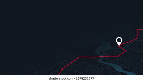 Pasador de navegación. Fondo de mapa abstracto isométrico. Panel de seguimiento de ubicación. Calle de la ciudad. Calles de la ciudad, bloques, datos de distancia de ruta, giros de ruta y etiqueta o marca de destino. vector, ilustración.