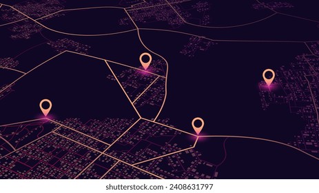 Navigation pin. Isometric abstract map background. Abstract lines geometric shapes, cartographic texture. Transportation and roads. Digital art. Editable vector illustration