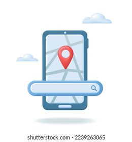 Navigation pin location checking icon and map on smartphone screen. 3d parcel delivery or Fast shipping element or mobile app. Vector illustration isolated on white background.