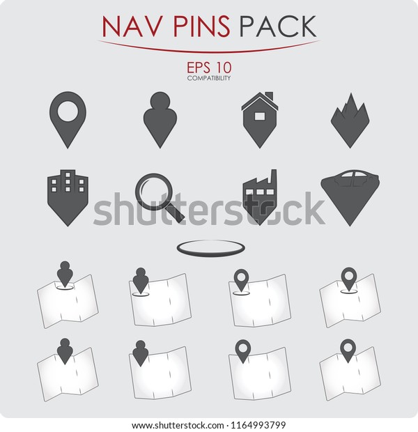 Navigation pin packs, ready to use for\
your map design needs, includes standard, personal, home,\
recreational, venture, car, industrial building pin\
icon