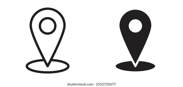 Conjunto de iconos de Vector de pin de navegación con estilo relleno y delineado en negro.