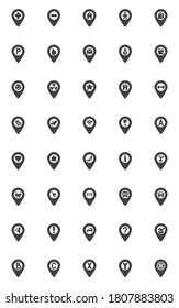 Navigationspin Vektorsymbole Set, moderne solide Symbolsammlung, GPS-Kartenzeiger gefüllt mit Piktogramm-Format. Zeichen, Logo-Illustration. Set enthält Symbole wie Wohnort, Zielort am Flughafen, Shop