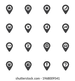 Navigation pin vector icons set, map marker modern solid symbol collection, filled style pictogram pack. Signs, logo illustration. Set includes icons as shop location, airport, gym, hotel, bus stop