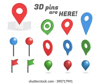 Navigation pins 3d isometric collection. Realistic pins and positioning flags isolated on white background