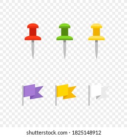 Navigation pins and flags isolated on transparent background