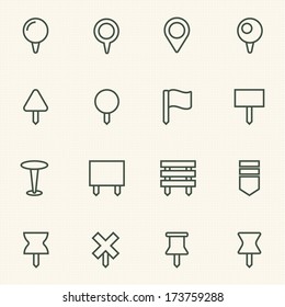 Navigation pins icons set. In the Artboard, stroke path layer included.