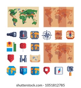Navigation pixel art icons map compass  spyglass magnifier binoculars and pin pointer isolated vector illustration on white background. Design for web, mobile app, logo, sticker. Game assets 8-bit.