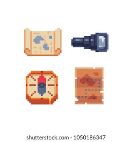 Navigation pixel art icons set old vintage pirate map, compass and spyglass isolated vector illustration on white background. Design for web, mobile app, logo, sticker. Game assets 8-bit sprite.