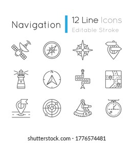 Navigation pixel perfect linear icons set. Land, marine and aeronautical navigating customizable thin line contour symbols. Positioning signs. Isolated vector outline illustrations. Editable stroke