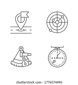 Navigation pixel perfect linear icons set. Customizable thin line contour symbols. GPS location, sextant, marine and aeronautical radar. Isolated vector outline illustrations. Editable stroke