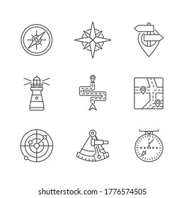 Navigation pixel perfect linear icons set. Customizable thin line contour symbols. Marine, aeronautic, celestial and land navigation. Isolated vector outline illustrations. Editable stroke