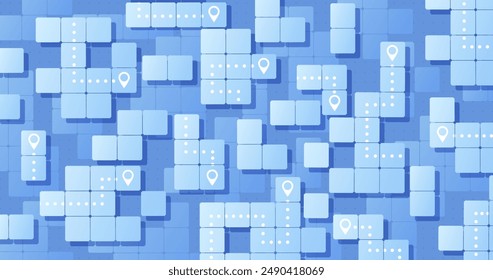 Navigation plan highlights way to point. Abstract concept of navigation on Squares background. Pins on Squares. Vector illustration