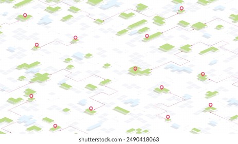 Navigation plan highlights way to points. Abstract concept of navigation on Squares background. Pins on Squares. Vector illustration
