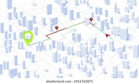 Navigation to poi. Closed turns of the route., district, road. Simple 3d isometric city. Location tracks dashboard. Generic city map with signs of streets, roads, house. Vector illustration