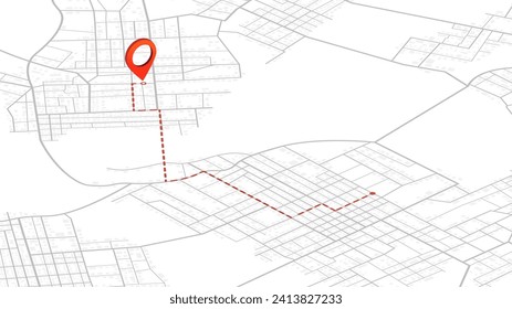 Navigation to poi. Main road throughout map. Simple scheme of isometric city. Location tracks dashboard. Generic city map with signs of streets, roads, house. Vector illustration, map background