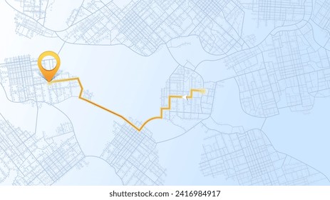 Navigation to poi. Main road throughout map. Simple scheme of city. Location tracks dashboard. Generic city map with signs of streets, roads, house. Vector illustration, map background