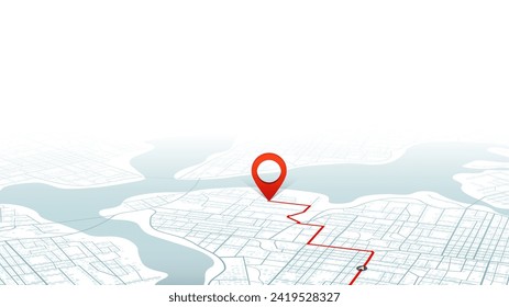 Navigation to poi. Main road throughout map. Simple scheme of isometric city. Location tracks dashboard. Generic city map with signs of streets, roads, house. Vector illustration, map background