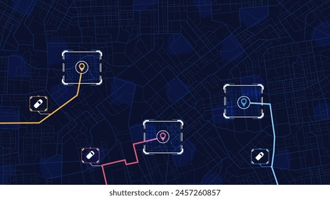 Navegación a poi. Servicio digital en línea para vehículo con búsqueda de ubicación. Mapa genérico de la ciudad con señales de calles, carreteras. Ilustración vectorial, fondo del mapa