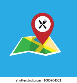 Navigation pointer map with restaurant icon