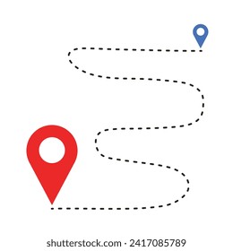 Navigation pointers and destination sign pin map dotted line. Path start and end symbol vector illustration isolated on white.
