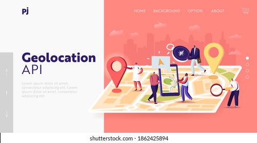 Navigation Positioning Landing Page Template. Tiny Characters at Huge Location Map, People Use Online Application on Smartphone with Geolocation App Pins. Search Route. Cartoon Vector Illustration
