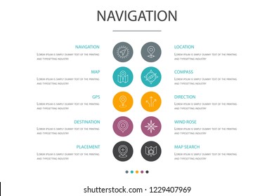 Navigation presentation template, cover layout and infographics. location, map, gps, direction cons
