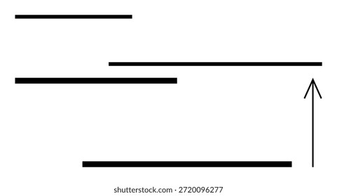 Navegación, progreso, crecimiento, toma de decisiones, estrategia, minimalismo. Horizontales líneas negras y una flecha hacia arriba en blanco. Concepto de progreso y dirección a través de Elementos abstractos