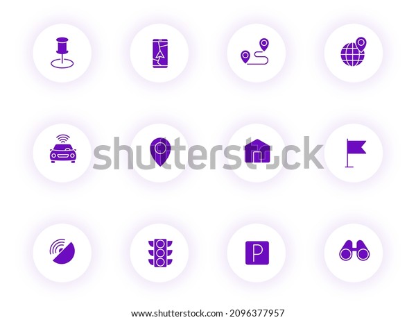 navigation purple color vector icons on light round\
buttons with purple shadow. navigation icon set for web, mobile\
apps, ui design and\
print