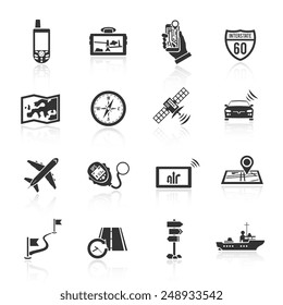 Navigation real time course and position finder system black icons set with compass abstract  isolated vector illustration
